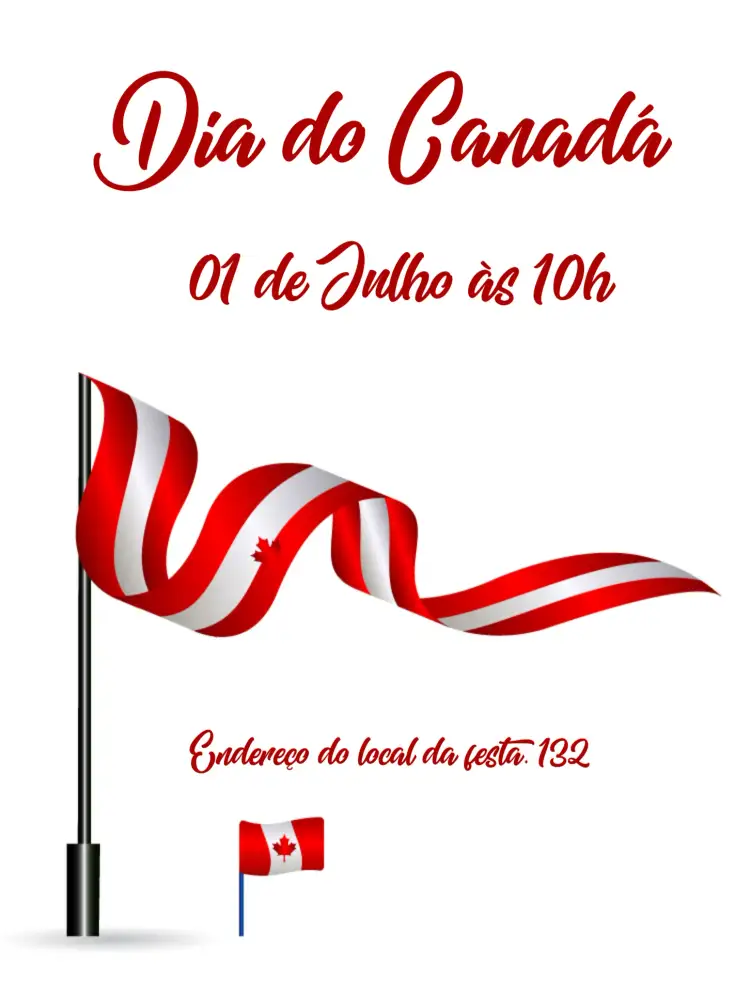 Convite Dia Do Canadá Feriado – tema Datas Comemorativas cores vermelhas e brancas, elementos da bandeira canadense, estilo moderno, design festivo, ilustrações culturais, tipografia ousada