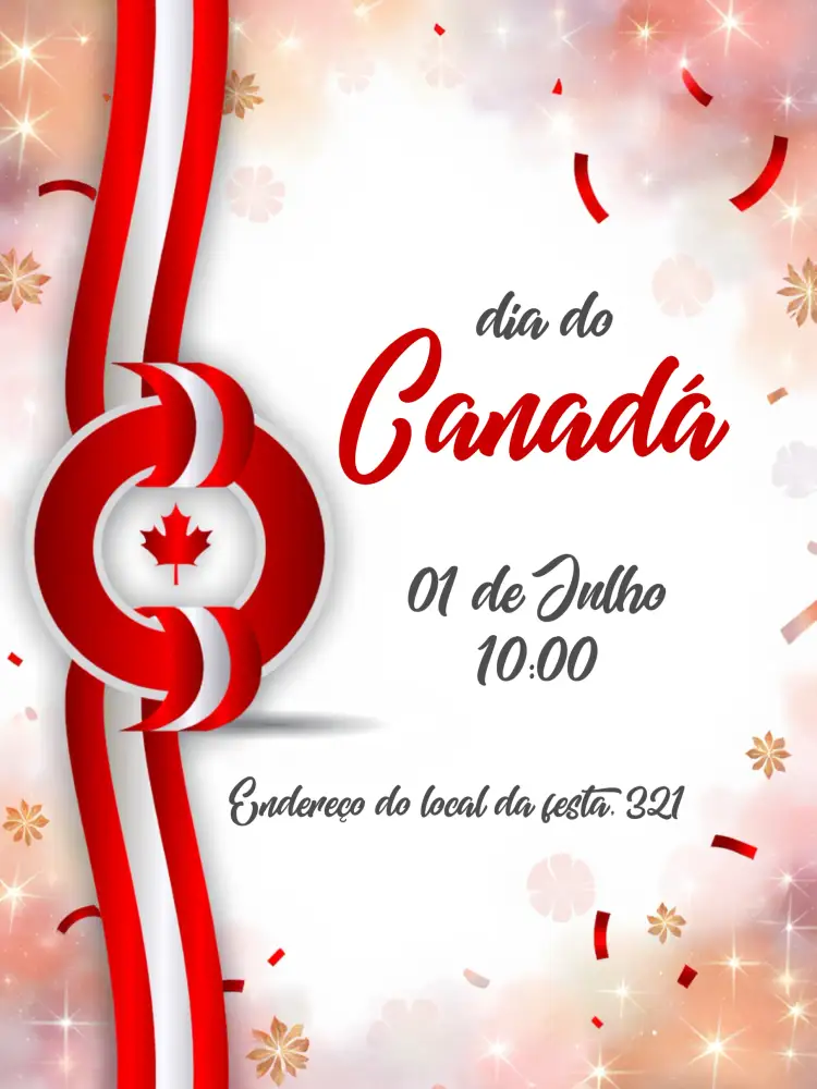 Convite Dia Do Canadá Feriado – tema Datas Comemorativas vermelho e branco, folhas de bordo, minimalista, vibrante, moderno