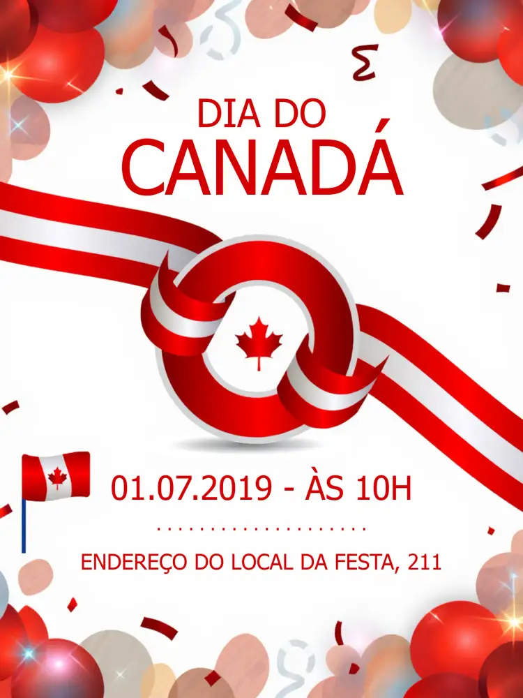 Convite Dia Do Canadá Feriado – tema Datas Comemorativas vermelho e branco, natureza canadense, minimalista, moderno, vintage, colorido