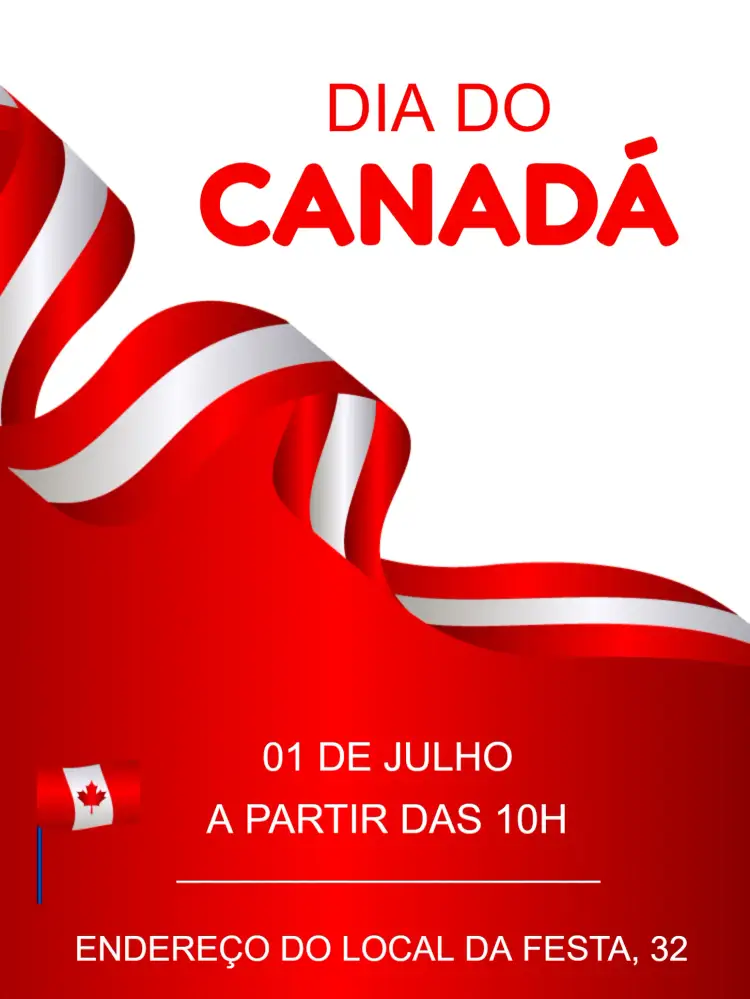 Convite Dia Do Canadá Festa – tema Datas Comemorativas vermelho e branco, elementos gráficos da bandeira, estilo moderno, design festivo, ilustrações canadenses, estilo minimalista