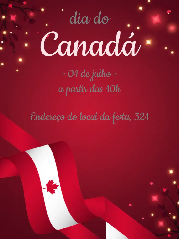 Convite Dia Do Canadá Internacional – tema Datas Comemorativas cores da bandeira, folhas de bordo, estilo moderno, design festivo, elementos gráficos canadenses, vibrante e alegre