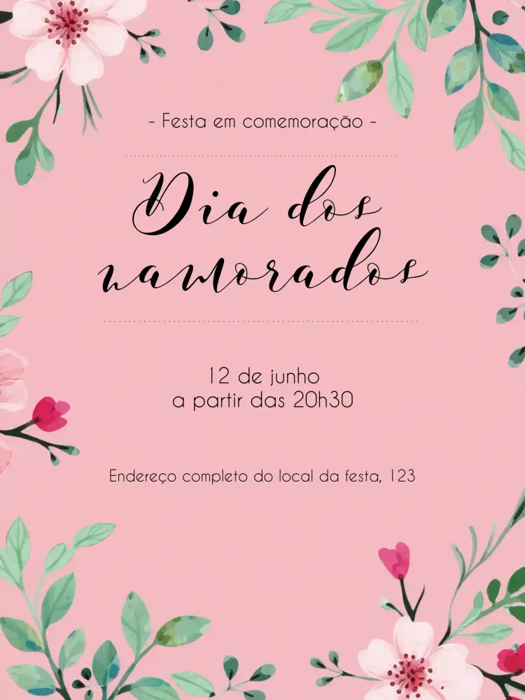 Convite Dia Dos Namorados – tema Datas Comemorativas romântico, floral, suave, elegante, colorido, moderno