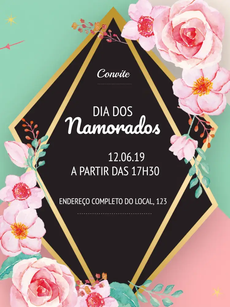 Convite Dia Dos Namorados Floral Rosa – tema Datas Comemorativas floral, romântico, delicado, moderno, colorido, elegante