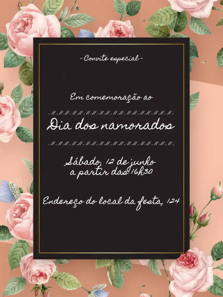 Convite Dia Dos Namorados Floral Rosa – tema Datas Comemorativas floral, romântico, suave, elegante, vintage, moderno