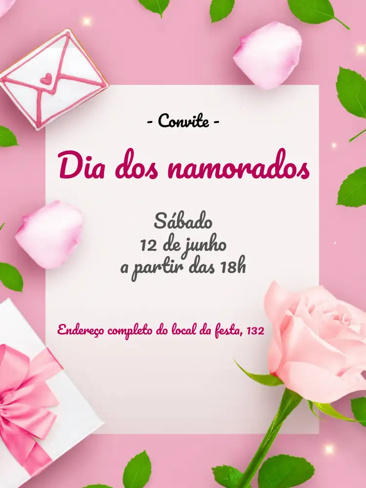 Convite Dia Dos Namorados Flores – tema Datas Comemorativas floral, romântico, suave, elegante, colorido, moderno