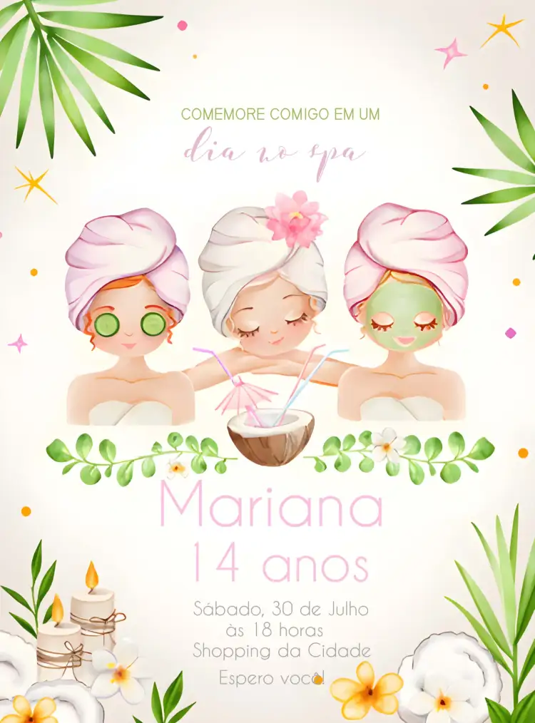 Convite Dia No Spa Amigas – tema Mais pesquisados rosa, verde, moderno, divertido, estilo de vida saudável, relaxante