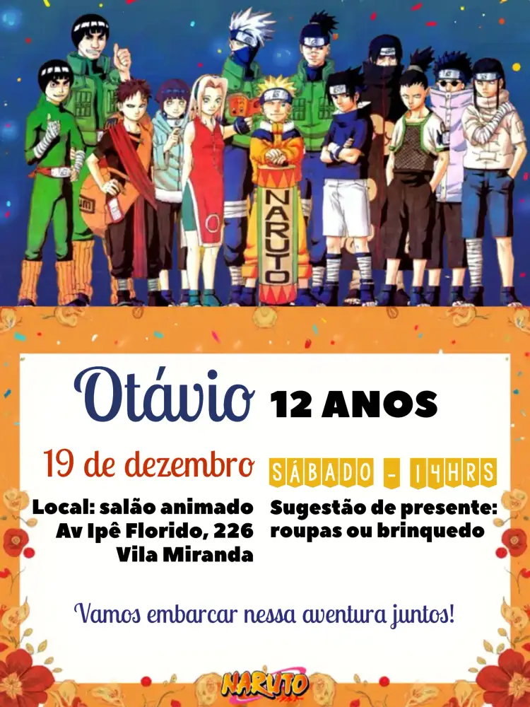 Convite Digial De Naruto Sasuke – tema Aniversário Infantil anime, colorido, moderno, temático, ninja, jovem