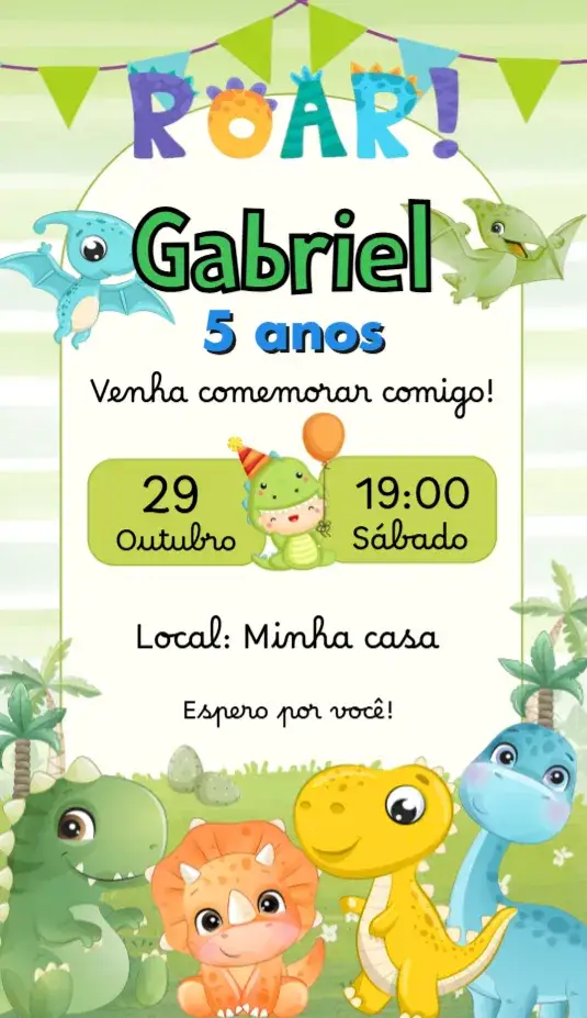 Invitación Dino Baby – tema Cumpleaños Infantil dinosaurios, colorido, divertido, temática jurásica, ilustraciones infantiles, estilo moderno