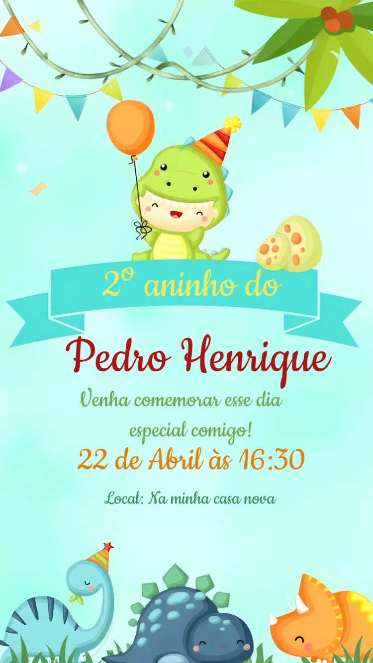 Convite Dino Baby Colorido – tema Mais pesquisados colorido, divertido, temático, infantil, pré-histórico
