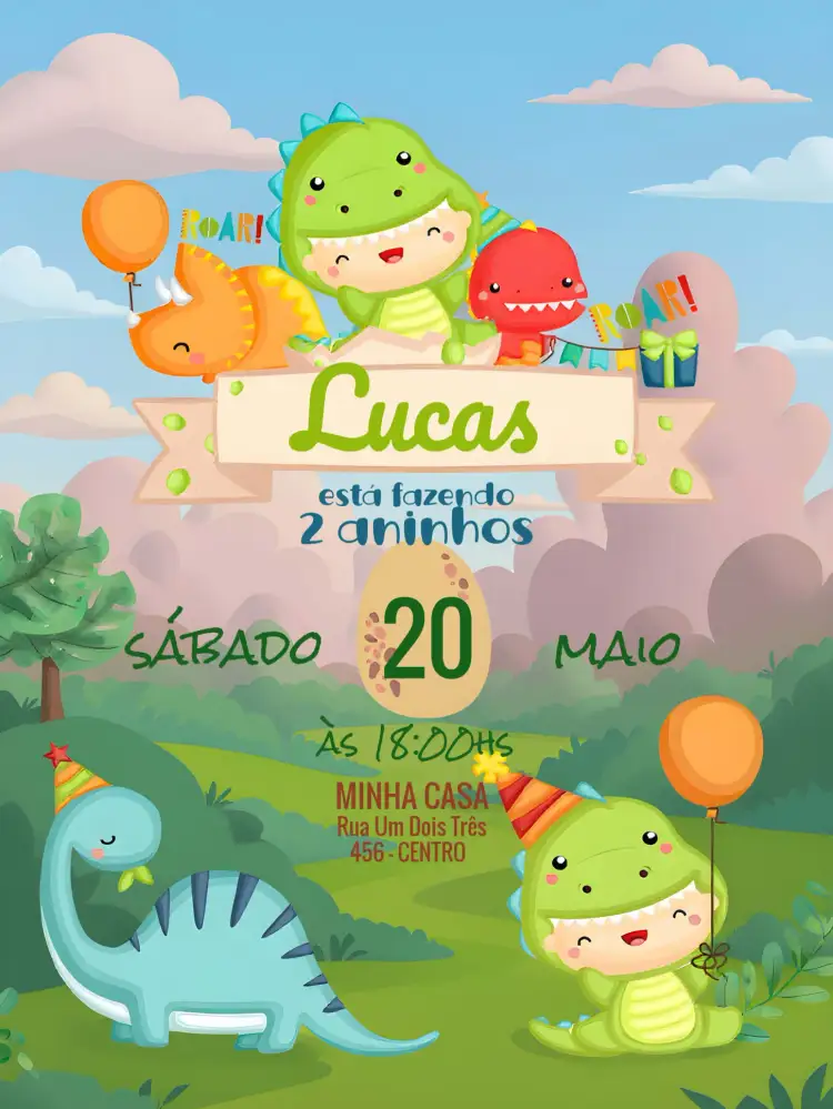 Convite Dino Baby Dinossauros – tema Mais pesquisados colorido, lúdico, divertido, pré-histórico, infantil