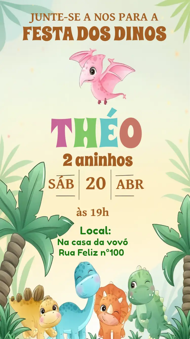Convite Dino Baby Infantil – tema Mais pesquisados colorido, aquarela, infantil, divertido, temático, pastel