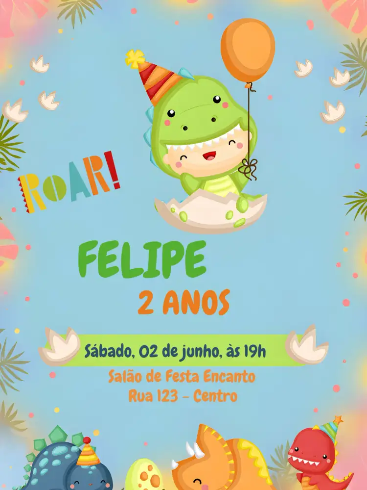Convite Dino Baby Infantil – tema Mais pesquisados divertido, colorido, lúdico, temático, infantil, natureza