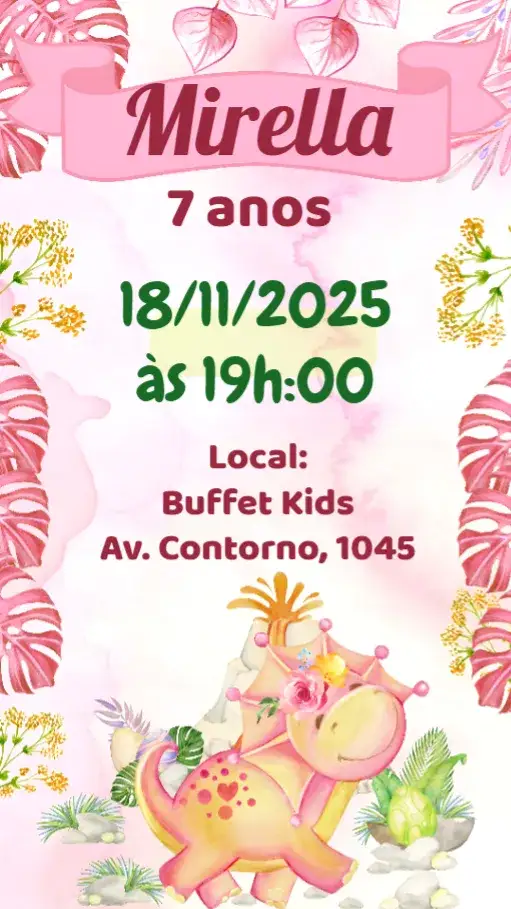 Convite Dinossauro – tema Aniversário Infantil rosa, dinossauros, colorido, divertido, infantil, temático