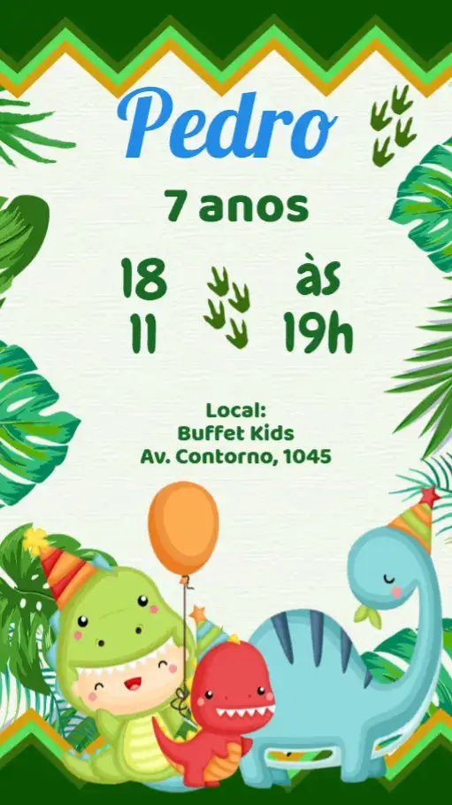 Convite Dinossauro – tema Aniversário Infantil colorido, divertido, lúdico, fofo, tropical, animado