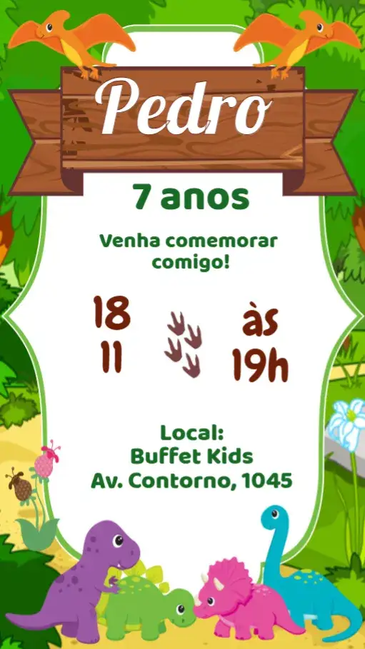 Convite Dinossauro – tema Aniversário Infantil vibrante, colorido, divertido, pré-histórico, animais, aventura