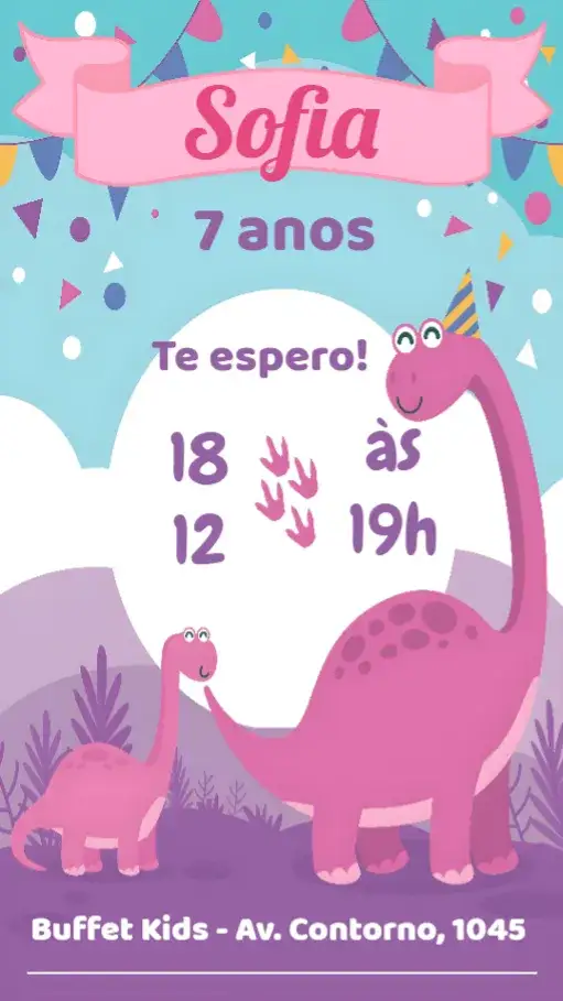 Convite Dinossauro – tema Aniversário Infantil colorido, divertido, temático, ilustrações de dinossauros, vibrante, infantil