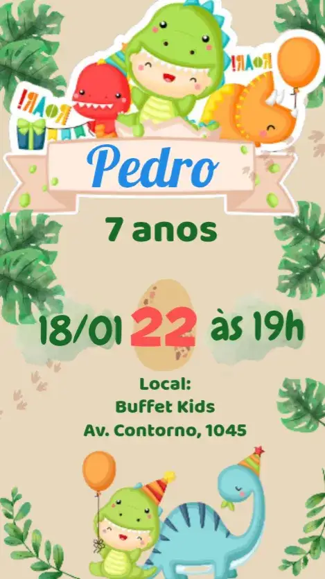 Convite Dinossauro – tema Aniversário Infantil colorido, infantil, divertido, ilustrações de dinossauros, temática pré-histórica, estilo cartoon