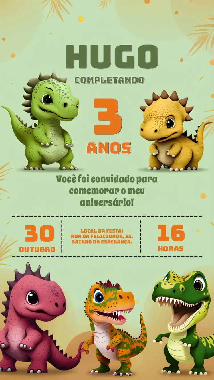 Convite Dinossauro Amarelo – tema Mais pesquisados divertido, colorido, pré-histórico, tropical, infantil, aventura