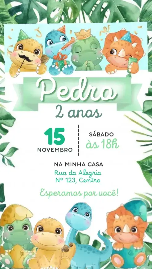 Convite Dinossauro baby – tema Aniversário Infantil verde, fofo, aquarela, pré-histórico, natural, divertido