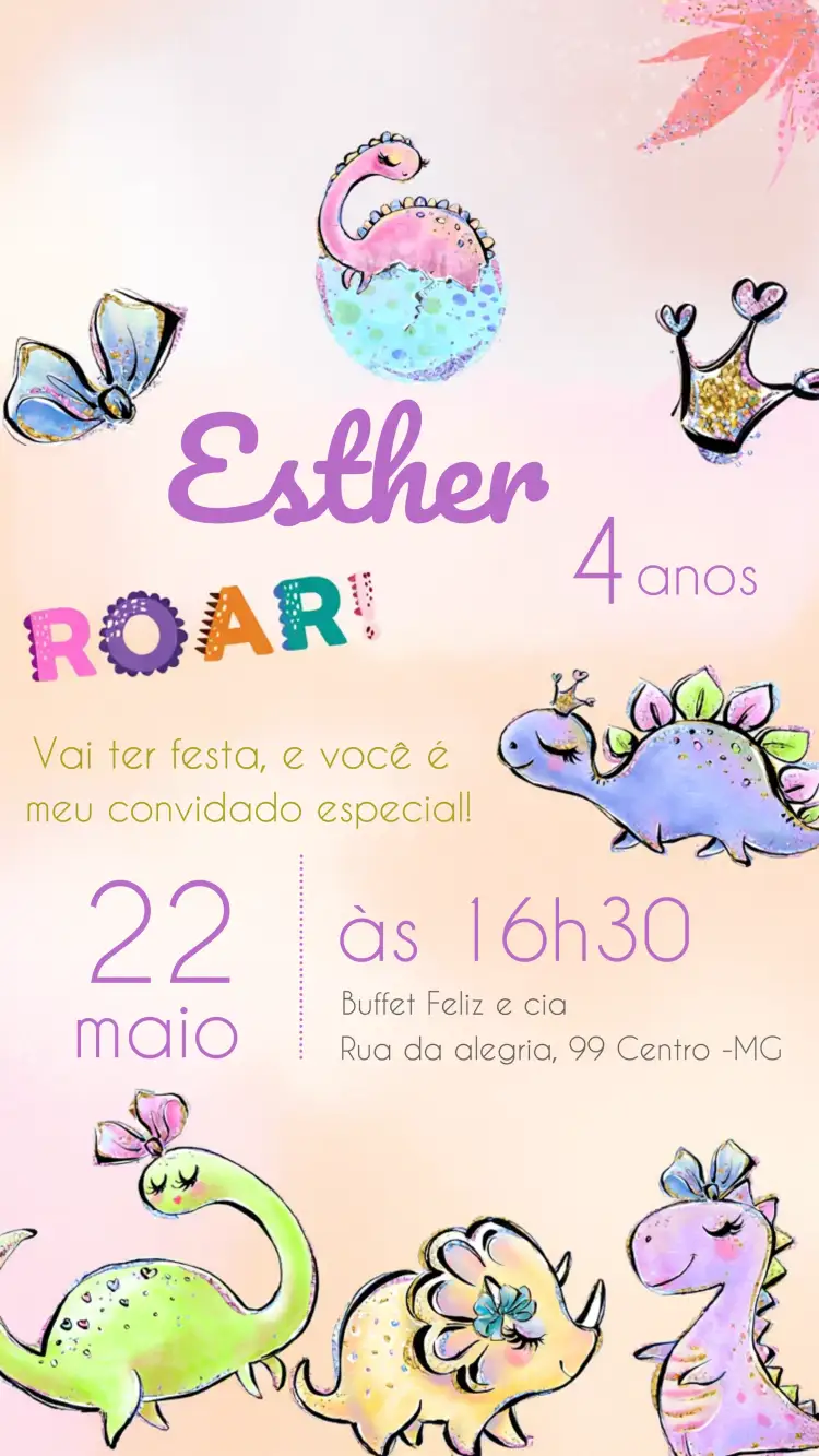 Convite Dinossauro Baby Aquarela – tema Mais pesquisados colorido, aquarela, divertido, infantil, natureza, glitter