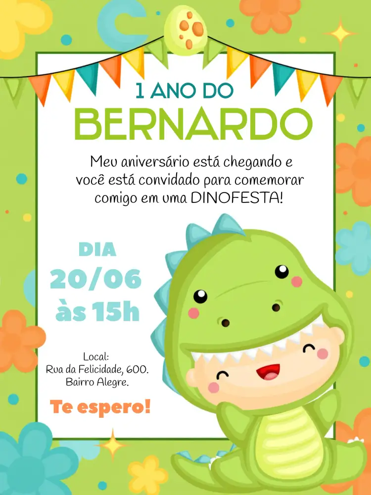 Convite Dinossauro Baby Cute – tema Mais pesquisados dinossauros, selva, baby cute, verde e azul, folhas tropicais, estilo divertido