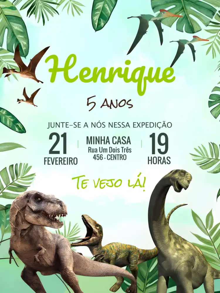 Convite Dinossauro Dinossauros – tema Mais pesquisados colorido, jurássico, divertido, ilustrações de dinossauros, estilo infantil, temática de aventura