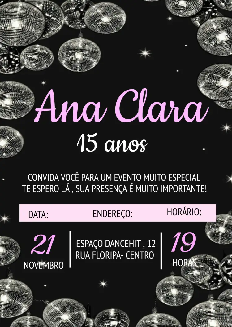 Convite Discoteca 70 – tema 15 anos discoteca, anos 70, vintage, neon, preto, colorido