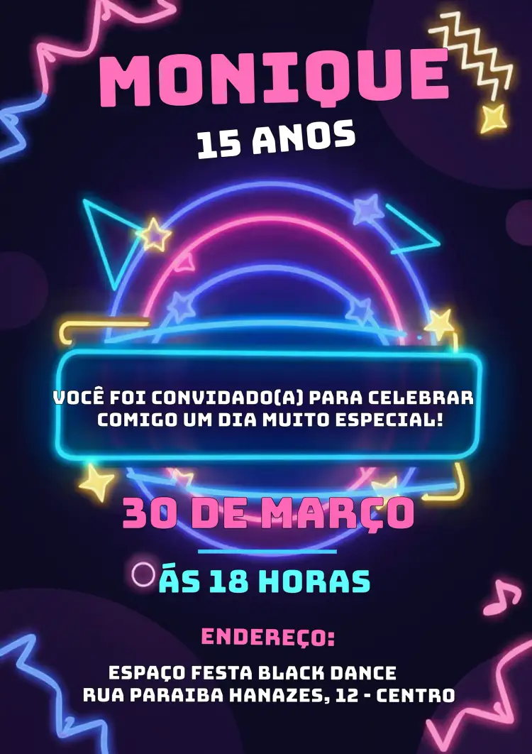 Convite Discoteca Anos 70 Neon 80 – tema 15 anos neon, vibrante, retrô, colorido, discoteca