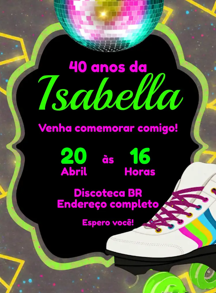 Convite Discoteca Anos 80 Neon – tema 15 anos neon, retro, vibrante, colorido, disco, divertido