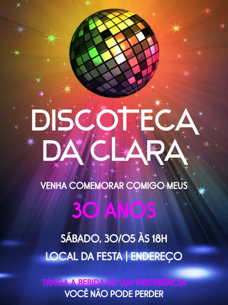 Convite Discoteca Anos 90 Festa – tema 15 anos neon, colorido, vintage, temático, divertido