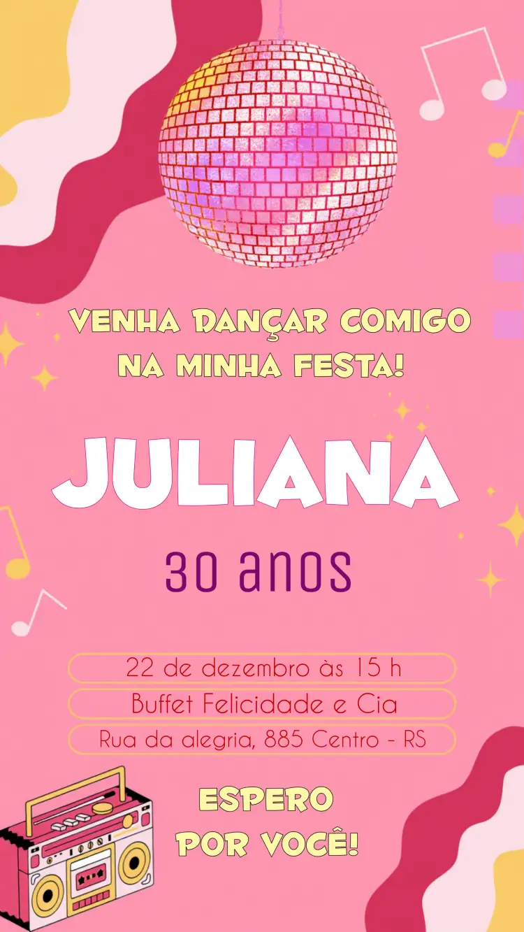 Convite Discoteca Feminino Rosa – tema Aniversário rosa, retrô, dançante, vintage, colorido
