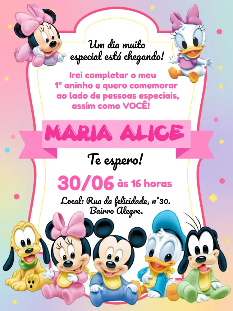 Convite Disney Baby Rosa Donald – tema Mais pesquisados rosa, amarelo, personagens da Disney, divertido, mágico, infantil