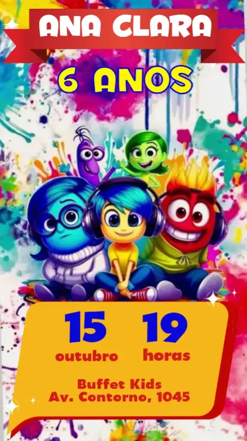 Convite Divertida Mente – tema Aniversário Infantil colorido, divertido, jovial, lúdico, temático, criativo