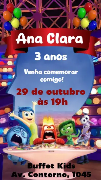Convite Divertida Mente – tema Aniversário Infantil colorido, lúdico, divertido, moderno, infantil, animado