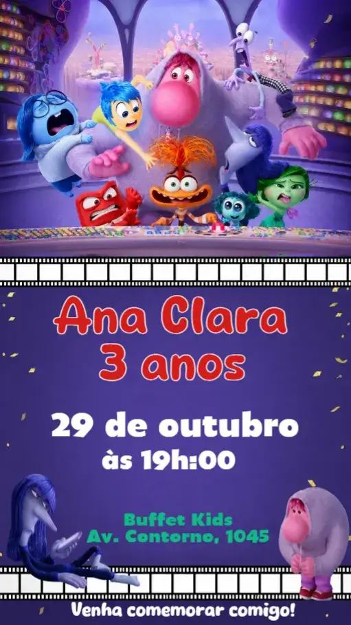 Convite Divertida Mente – tema Aniversário Infantil colorido, lúdico, divertido, ilustrações infantis, brilhoso, moderno