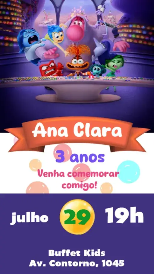 Convite Divertida Mente – tema Aniversário Infantil colorido, lúdico, divertido, moderno, ilustrações infantis