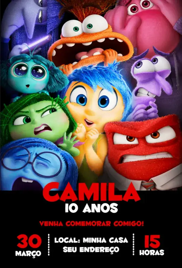 Convite Divertida mente 2 – tema Aniversário colorido, divertido, ilustrações de emoções, moderno, infantil
