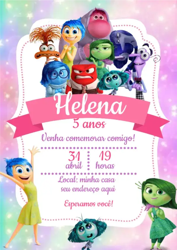 Convite Divertida Mente 2 Alegria – tema Mais pesquisados diversão, cores vibrantes, estilo lúdico, elementos gráficos do filme, tema rosa e pink, alegria e amizade