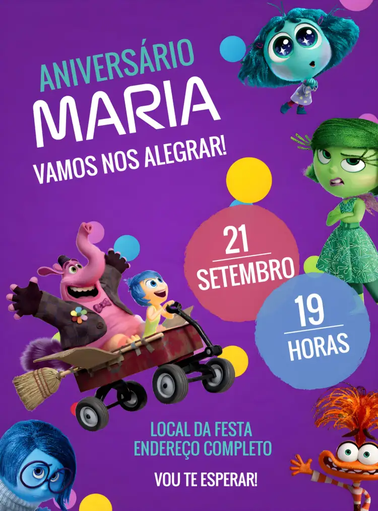 Convite Divertida Mente 2 Alegria – tema Mais pesquisados colorido, divertido, lúdico, ilustrações do filme, moderno