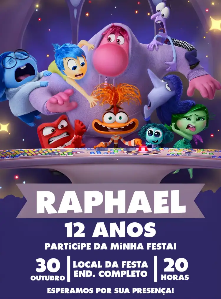 Convite Divertida Mente 2 Animação – tema Mais pesquisados divertido, colorido, lúdico, moderno, infantil