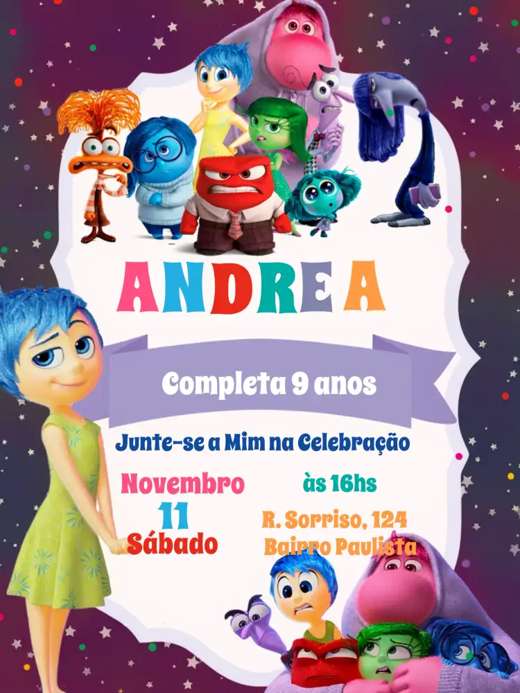 Convite Divertida Mente 2 Colorido – tema Mais pesquisados colorido, divertido, infantil, moderno, ilustrações do filme
