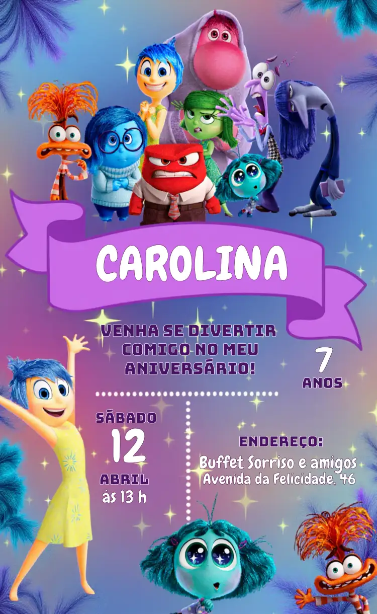 Convite Divertida Mente 2 Colorido – tema Mais pesquisados colorido, divertido, infantil, moderno, alegre