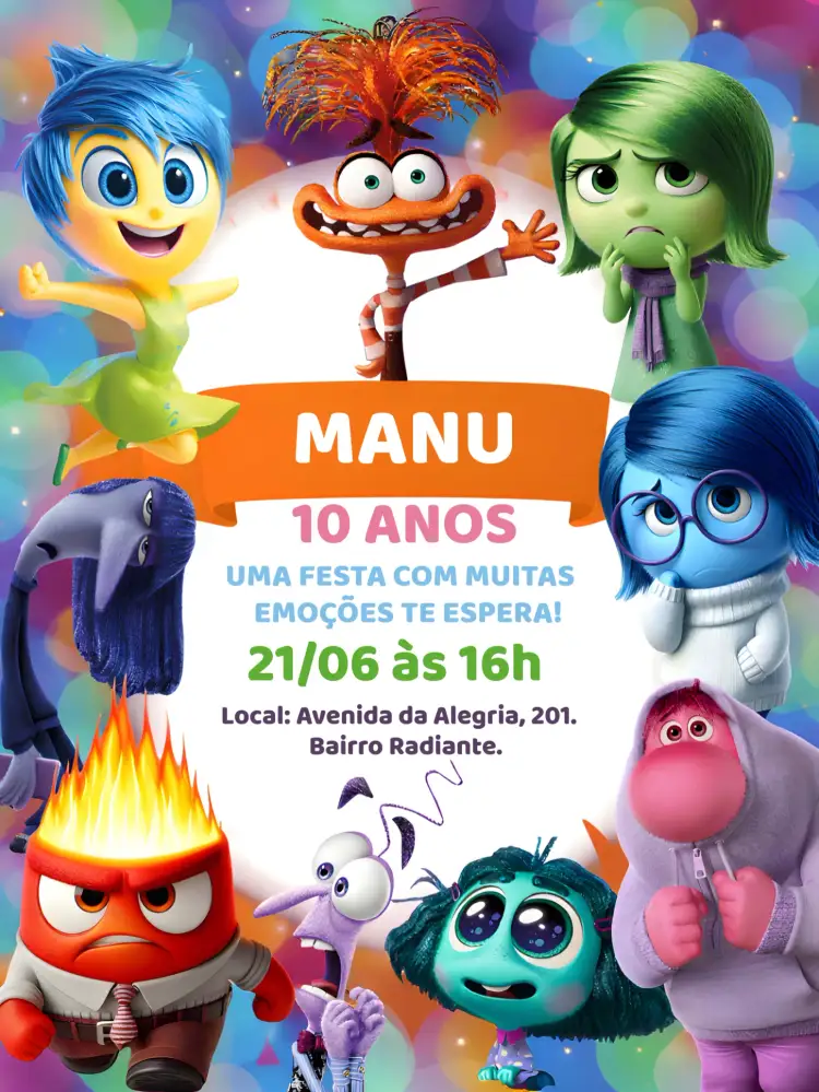 Convite Divertida Mente 2 Colorido – tema Mais pesquisados colorido, lúdico, emocional, divertido, infantil