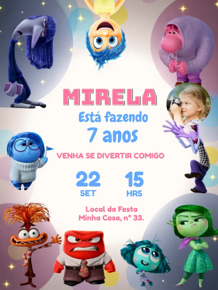 Convite Divertida Mente 2 Com Foto Azul – tema Datas Comemorativas colorido, lúdico, moderno, alegre, infantil