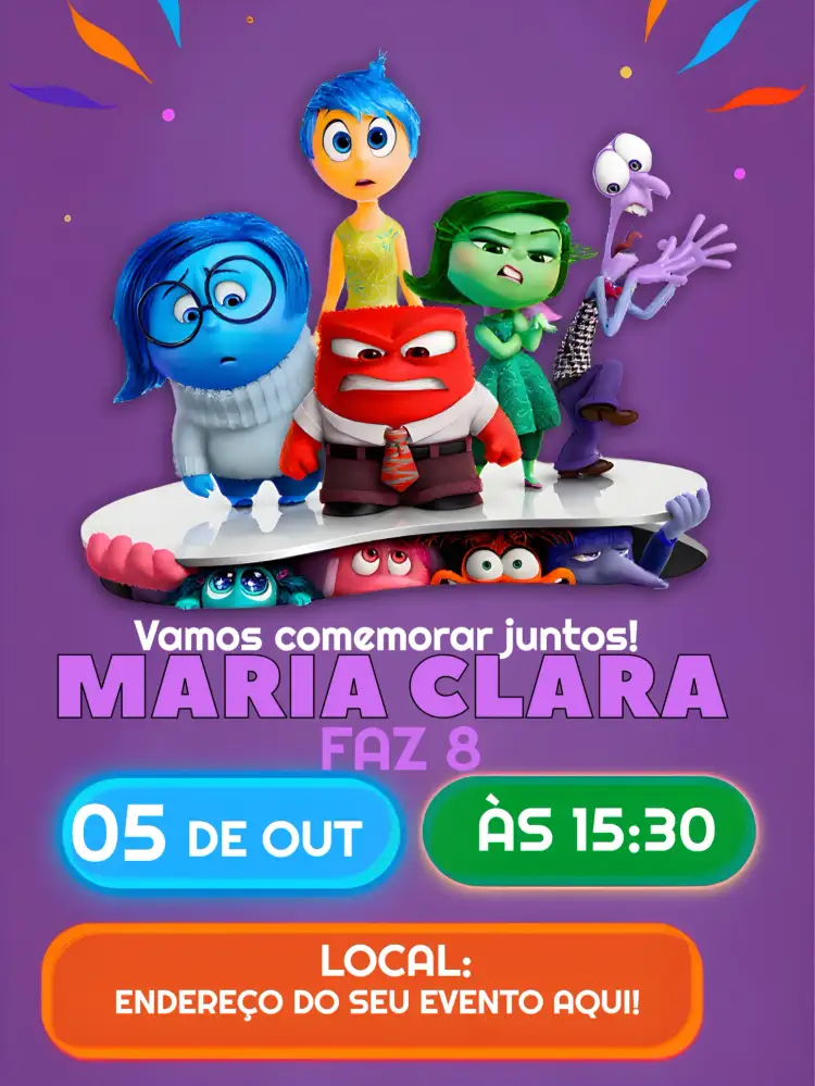 Convite Divertida Mente 2 Divertidamente – tema Mais pesquisados colorido, lúdico, divertido, emocional, infantil