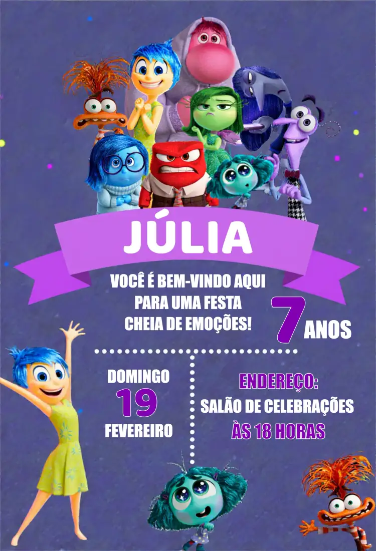 Convite Divertida Mente 2 Divertidamente – tema Mais pesquisados colorido, divertido, emocional, infantil, ilustrações do filme, vibrante