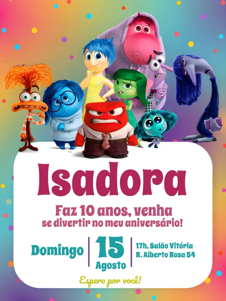Convite Divertida Mente 2 Divertidamente – tema Mais pesquisados colorido, divertido, infantil, ilustrações do filme, moderno, temático