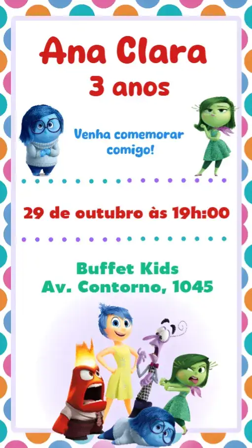 Convite Divertida Mente – tema Aniversário Infantil colorido, lúdico, brincalhão, moderno, divertido, infantil