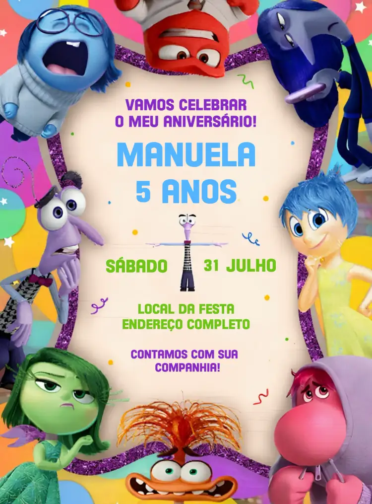 Convite Divertida Mente 2 Emoções – tema Datas Comemorativas colorido, divertido, temático, ilustrações animadas, estilo moderno