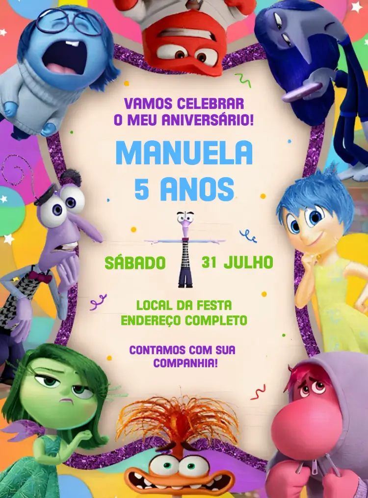 Convite Divertida Mente 2 Emoções editável e personalizável